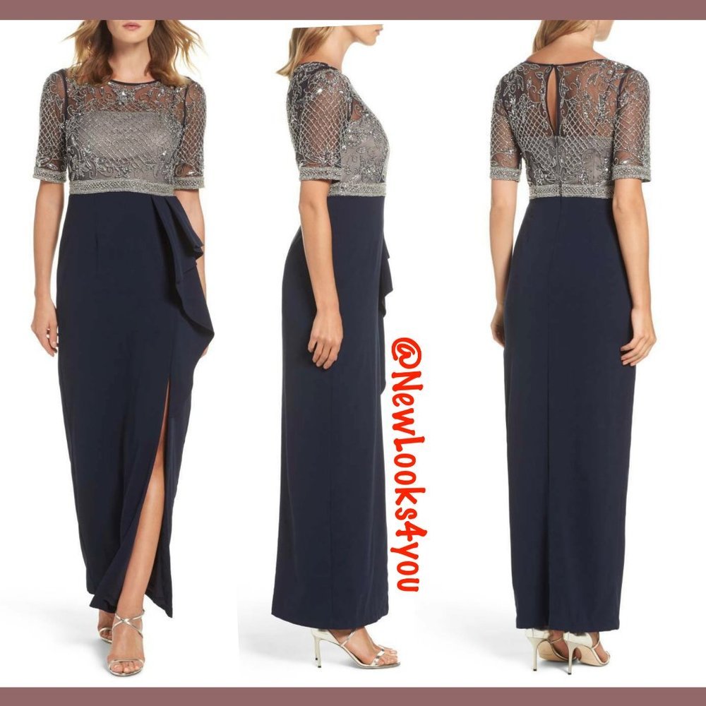 NEW Adrianna Papell Beaded Cascading Ruffle Gown in Midnight Blue [SZ 4 4P‎ ]